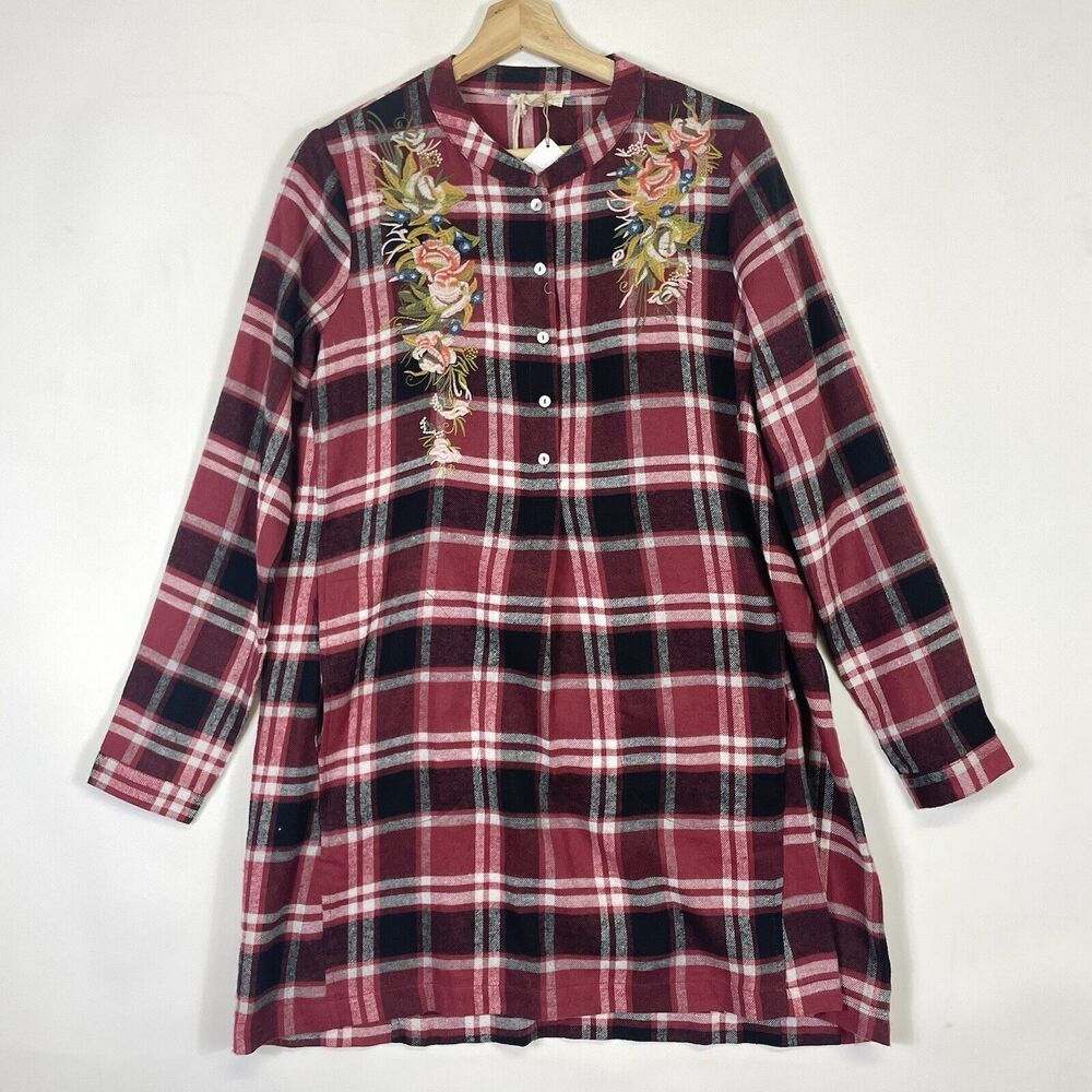 NEW Mystree Dress Womens Small Red Plaid Flannel Floral Embroidered Cottagecore